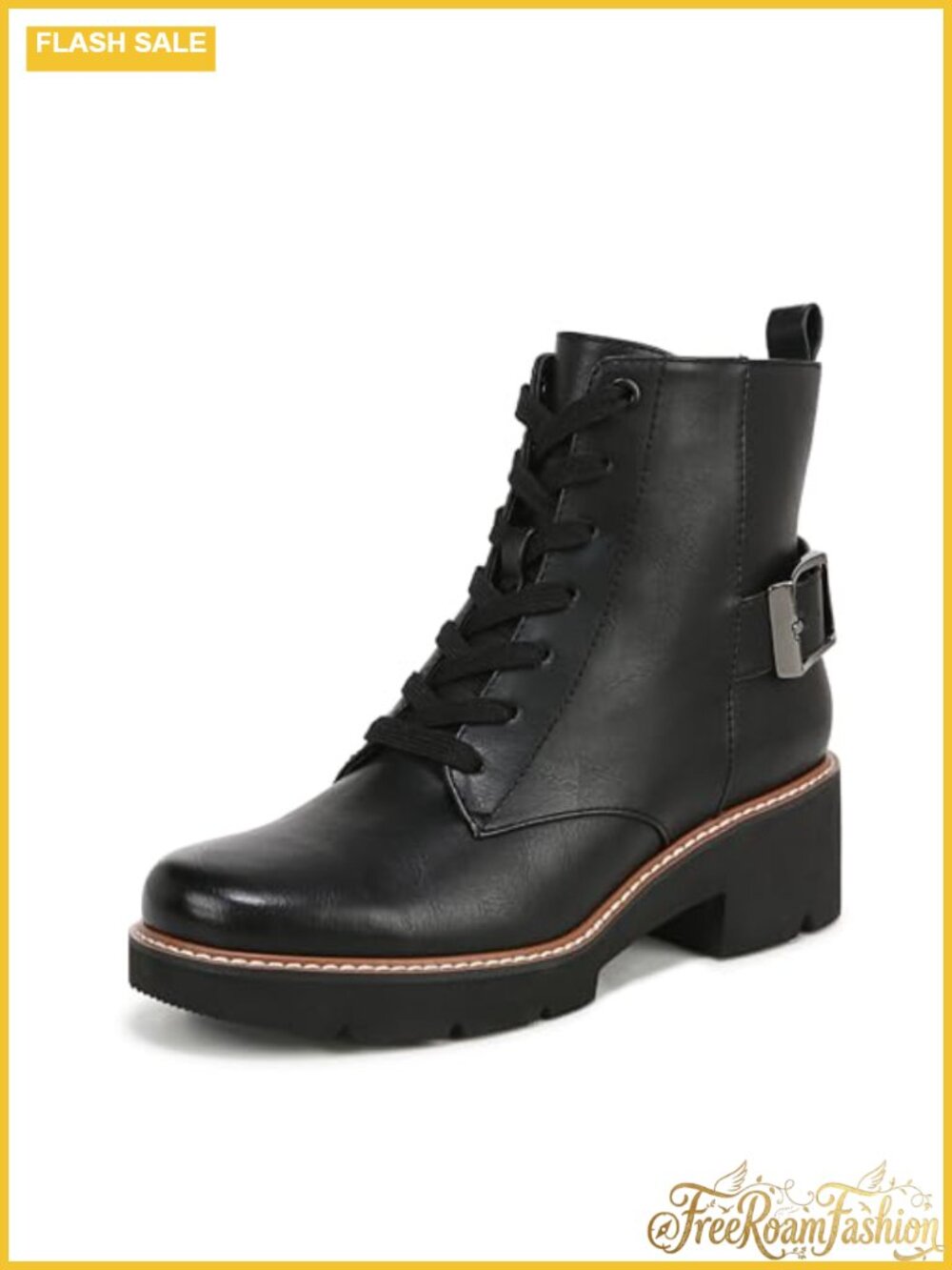 Lightweight Combat Bootie Metallic Buckle Lace-Up Side Zip Ankle Boot